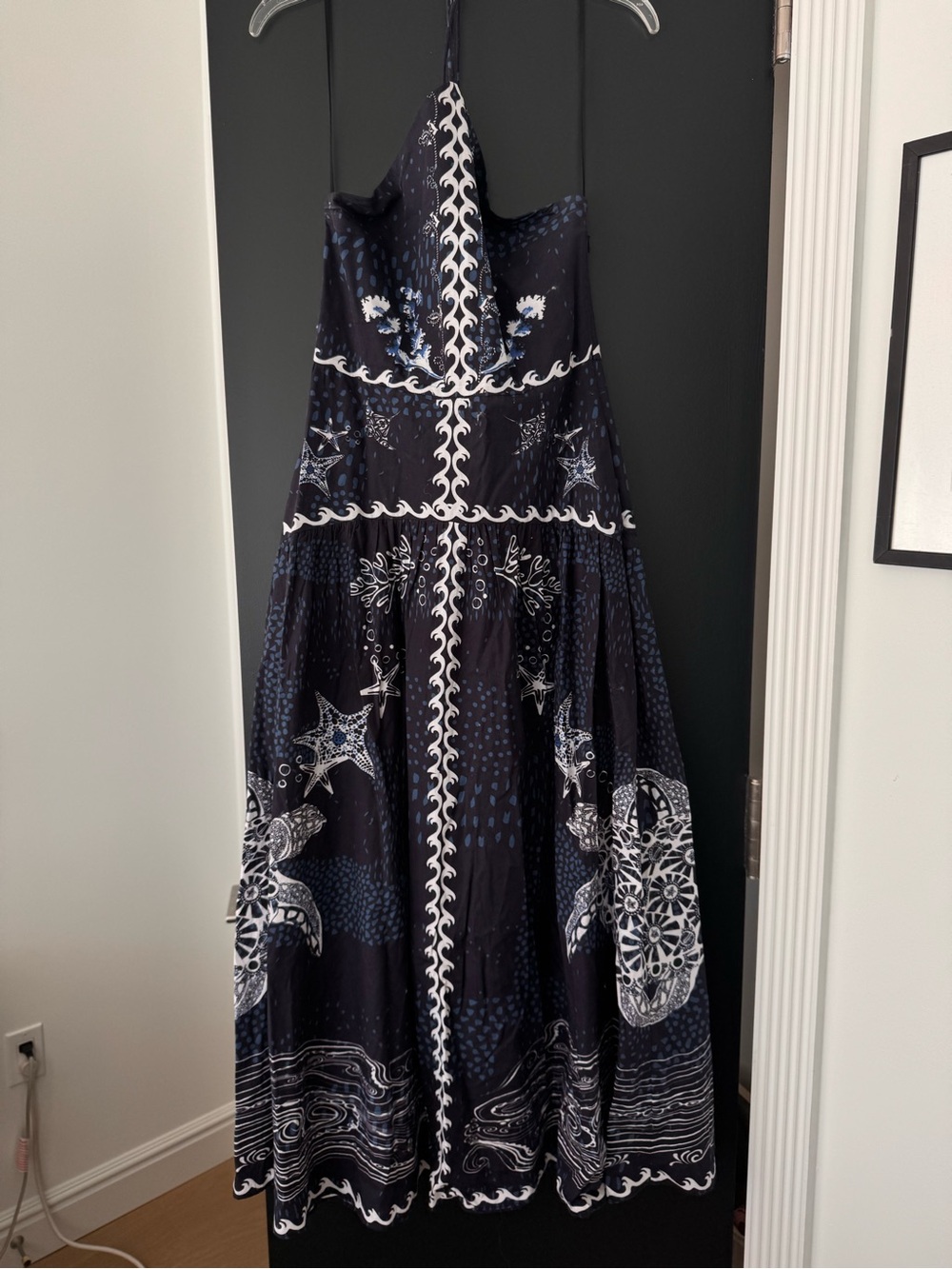 CELINA MOON Navy and White Printed Halter Midi Dress